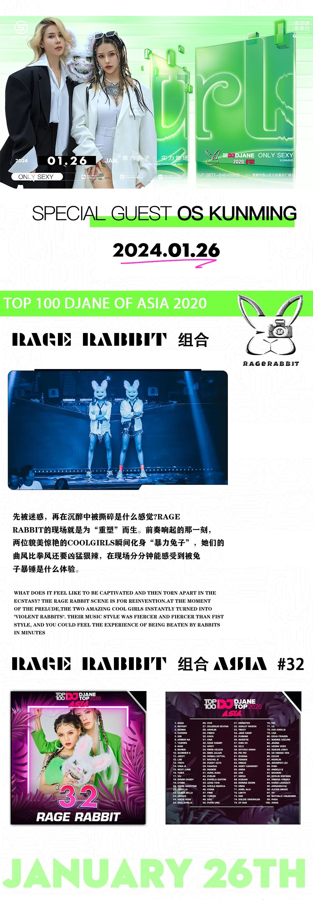 ONLY SEXY 嘉宾预告# TIME：01.26 女子百大DJ#32 RAGE RABBIT组合-昆明OS酒吧/ONLY SEXY CLUB